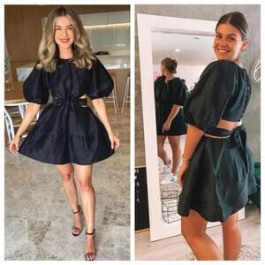 AJE Mimosa Psychedelia Black Onyx Mini Dress Puff Sleeves Cutouts Size 8